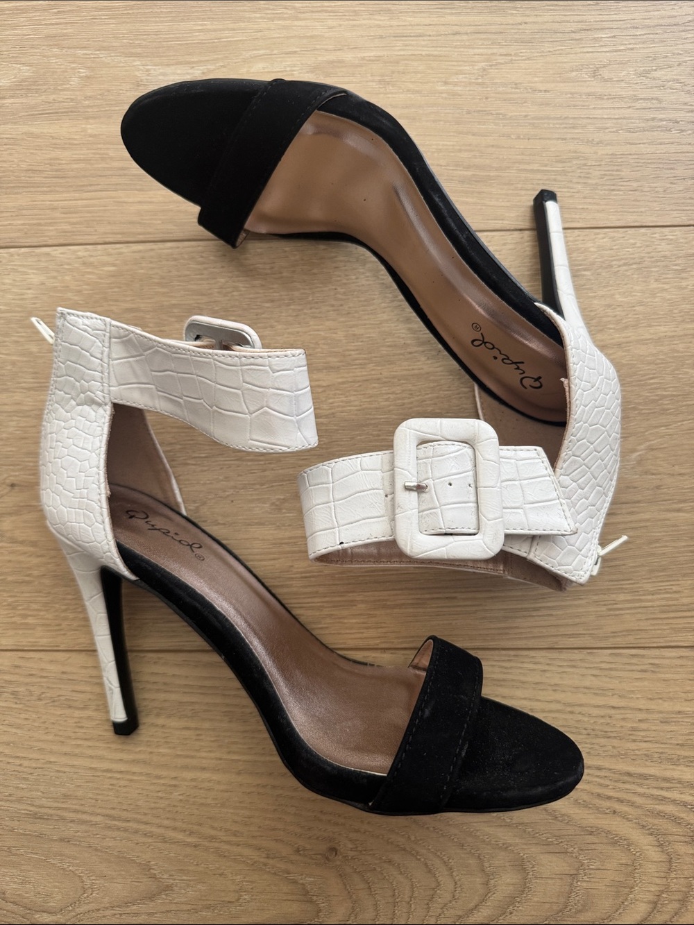 Qupid Black and White Croc-Textured Buckle Stiletto Sandals
